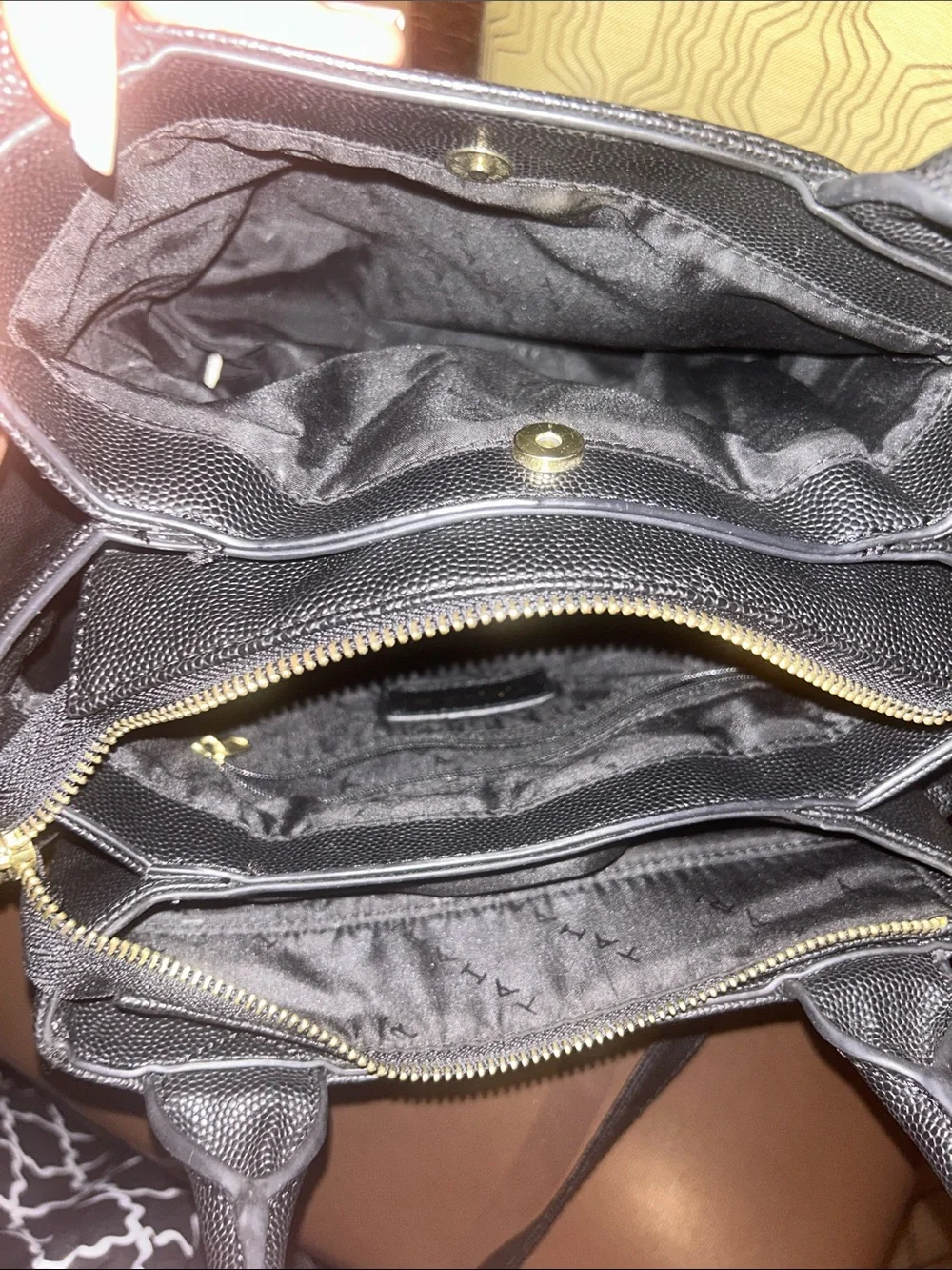 Tahari Black Pebbled Satchel with Gold Bow Hardware